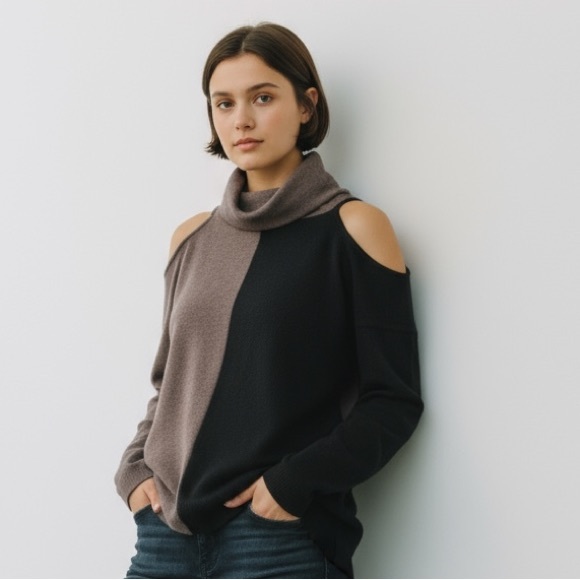 BiBi Sweaters - Bibi cold shoulder 1/2 brown 1/2 black front brown sweater. nwt size L